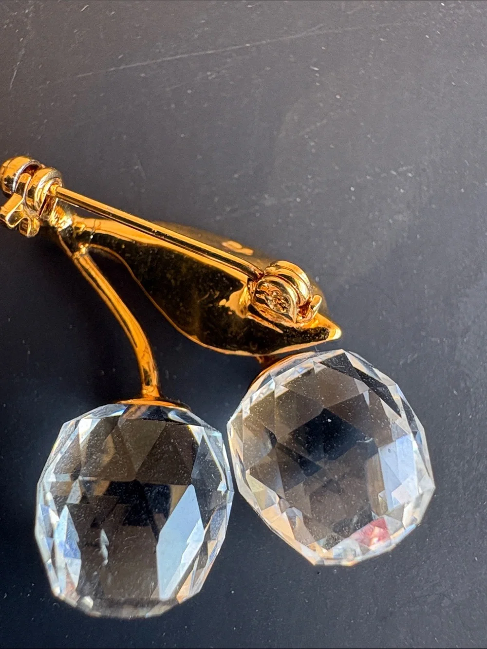 Gold Leaf Cherry Swarovski Brooch - Clear Crystal Accent